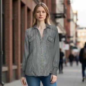 Cloth & Stone Anthropology Long‎ Sleeve Grey Denim Look Button Down Shirt